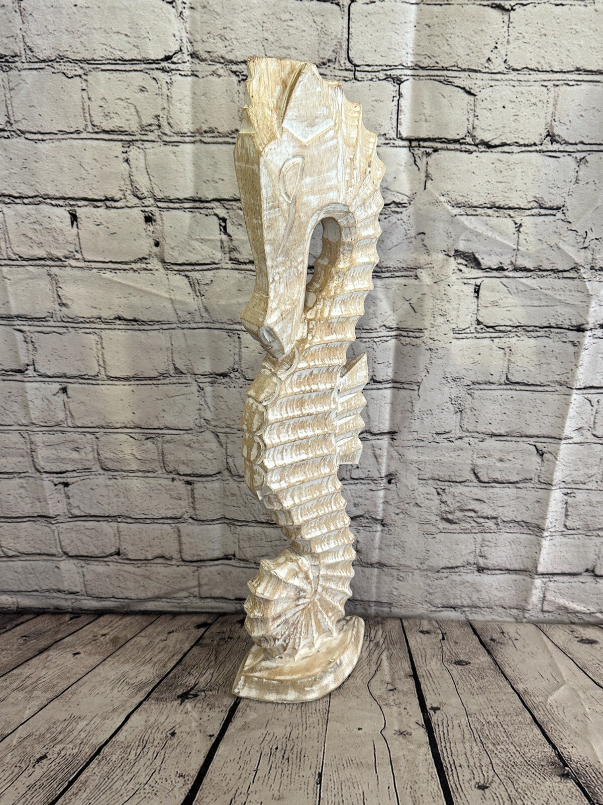 60cm White Plain Wooden Shabby Seahorse Statue Ornament Fair Trade Handcarved