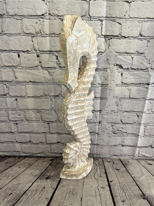 60cm White Plain Wooden Shabby Seahorse Statue Ornament Fair Trade Handcarved
