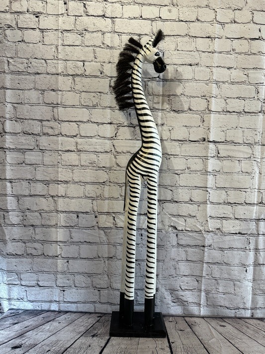 100cm White Black Painted Wood Zebra Tall Statue Wood Modern Hand Carved Painted