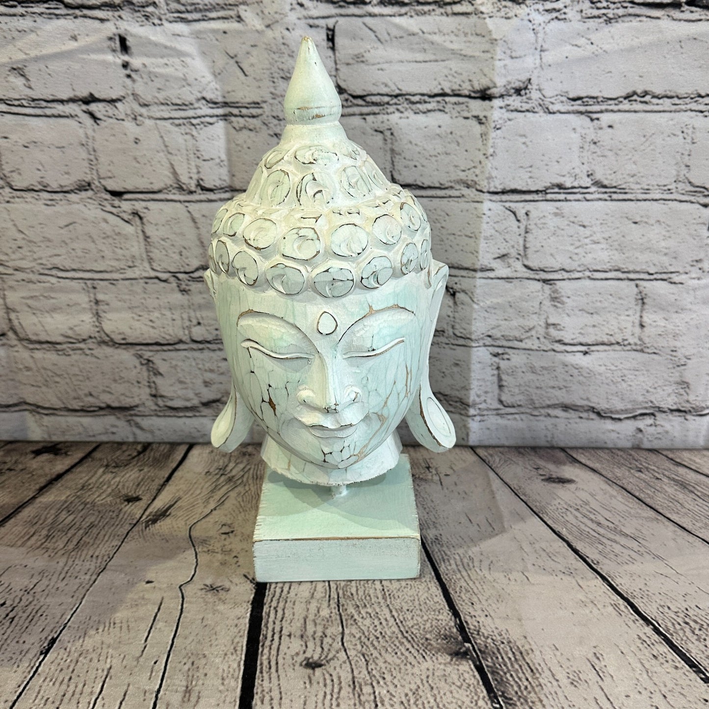 30cm Green Buddha Head Wooden Standing Statue Figurine Ornament Fair Trade