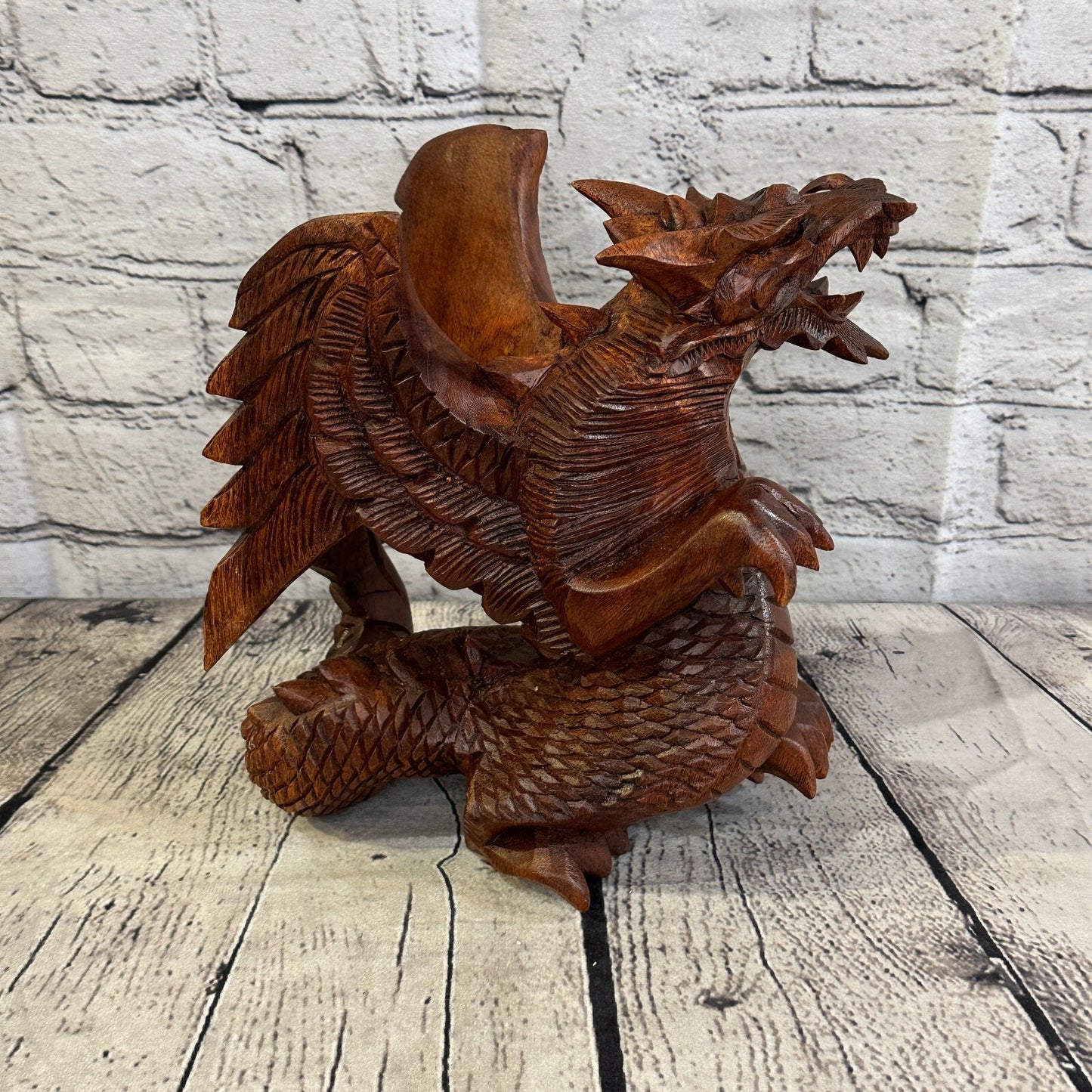 20cm x 20cm Dark Wooden Standing Dragon Carving Hand Carved Wing Back Dragon