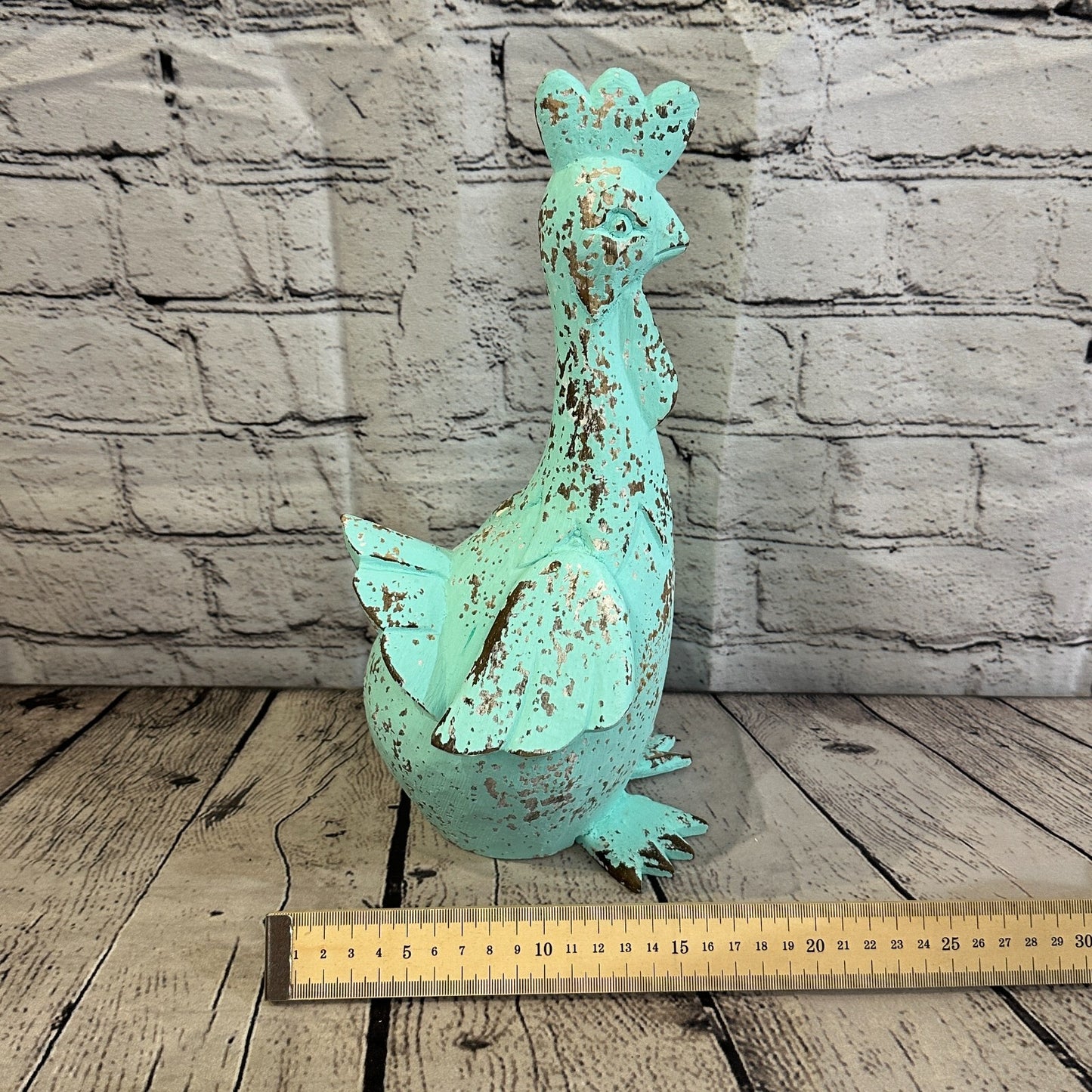 30cm x 15cm Green Shabby Wooden Rooster Cockerel Retro Collectable Hand Carved