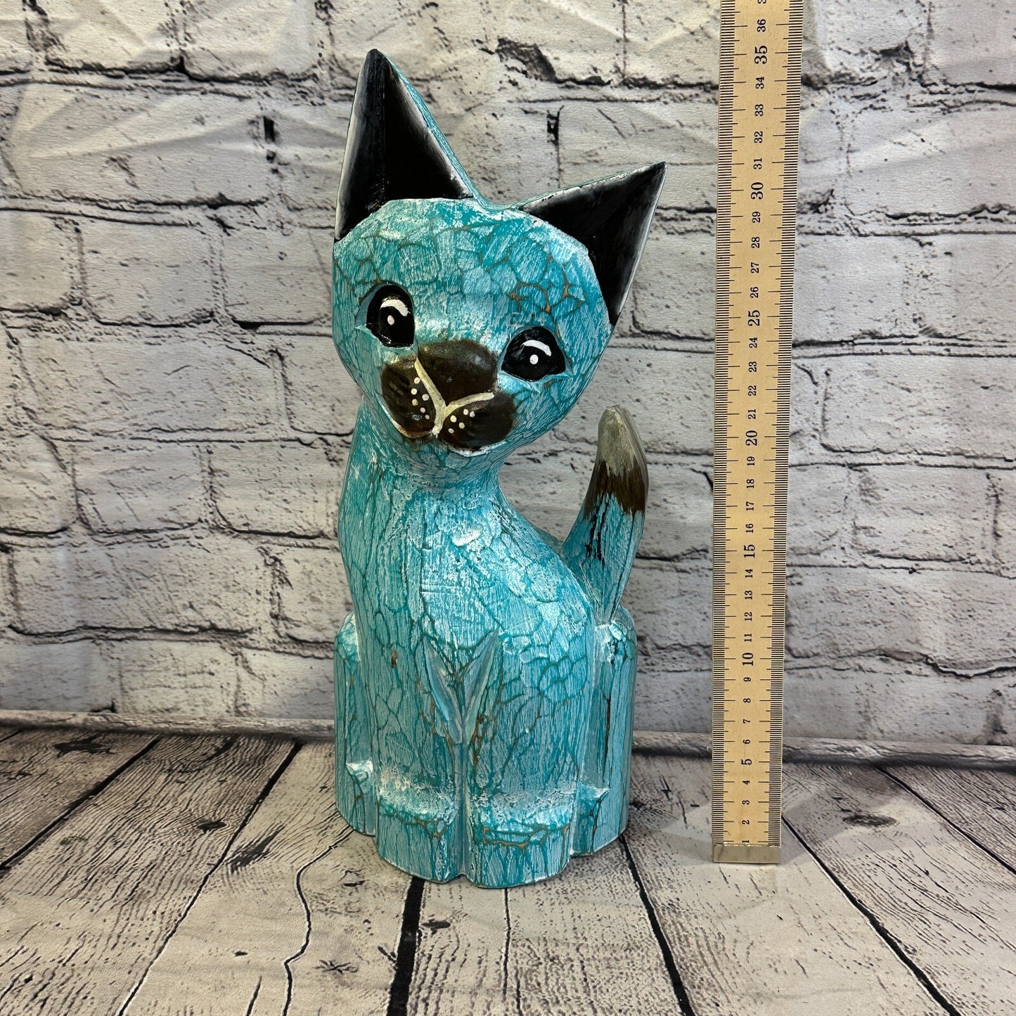 35cm x 15cm Green Flower Wooden Shabby Cat Statue Ornament Fair Trade Handcarved