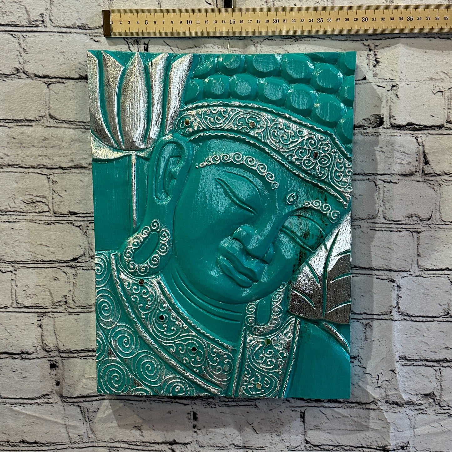 Wooden Wood Panel 40cm Brown Teal Buddha Tall Lotus Wall Art Plaque Handcarved
