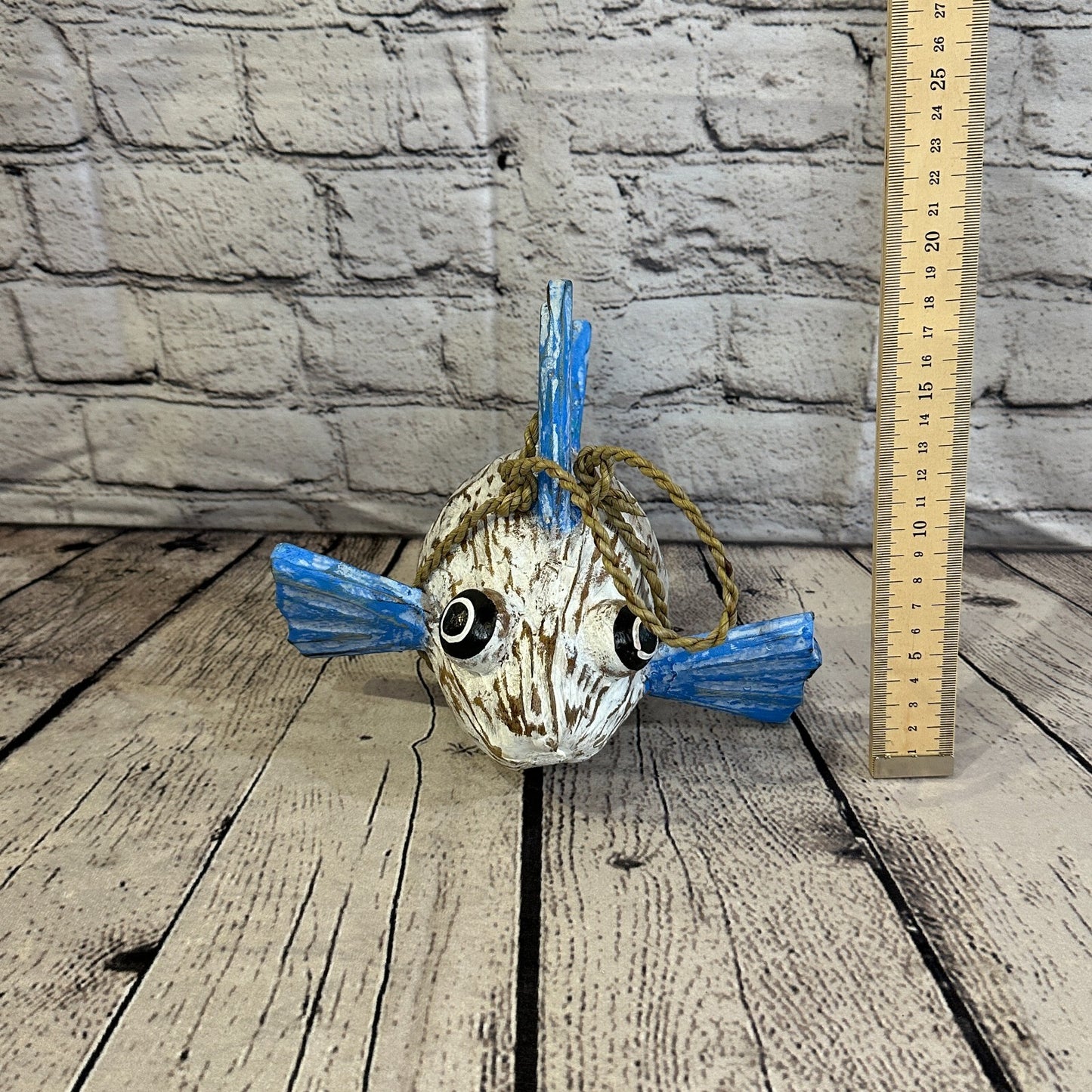 Blue White Folk Art Hand Painted Puffer Fish Coconut Shell Ornaments Hanging
