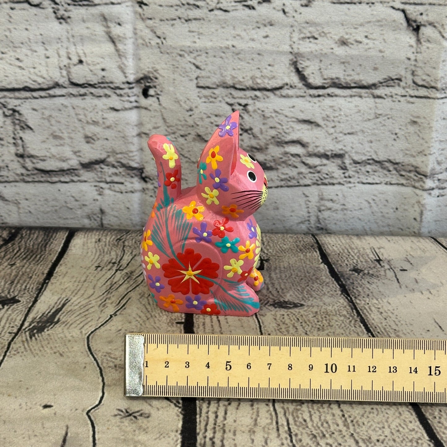 Pink Small Wooden Cat With Flower Pattern 12cm x 6cm Handmade and Fairtrade