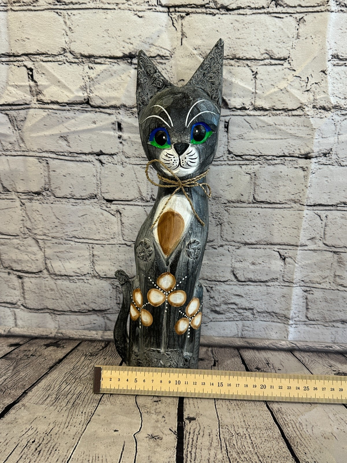 40cm Grey Swirl Flower Wooden Shabby Cat Statue Ornament Fair Trade Handcarved