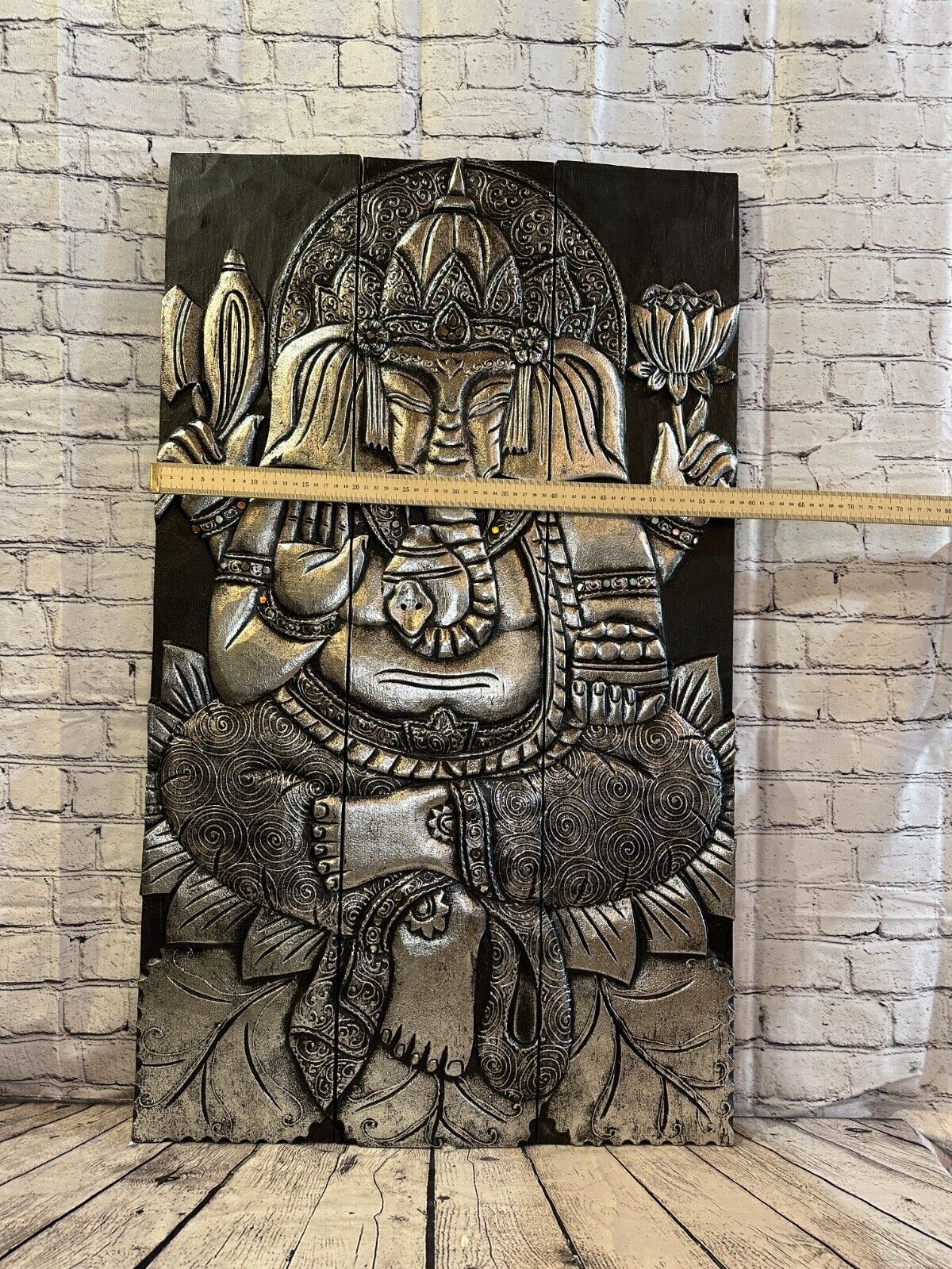 100cm x 60cm Ganesh Silver 3 Panel Wooden Wood Panel Wall Art Plaque Handcarved