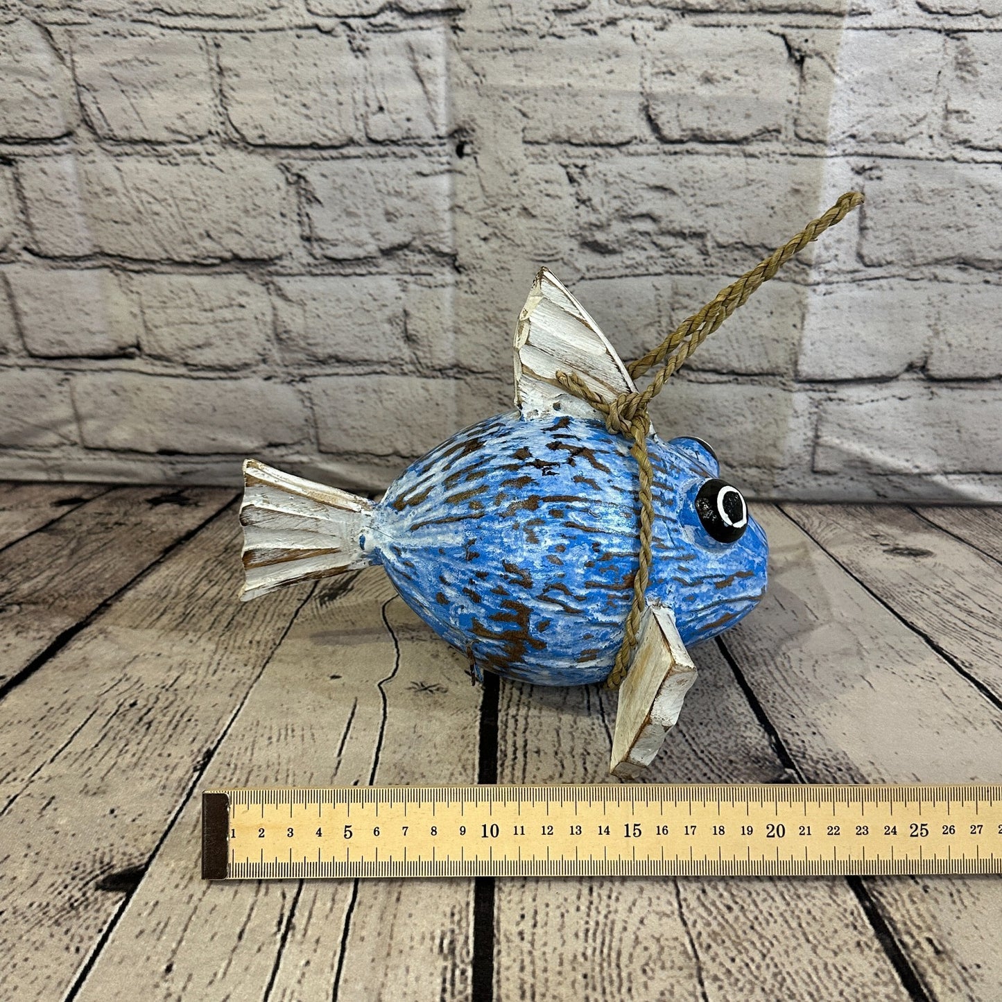 White Blue Folk Art Hand Painted Puffer Fish Coconut Shell Ornaments Hanging