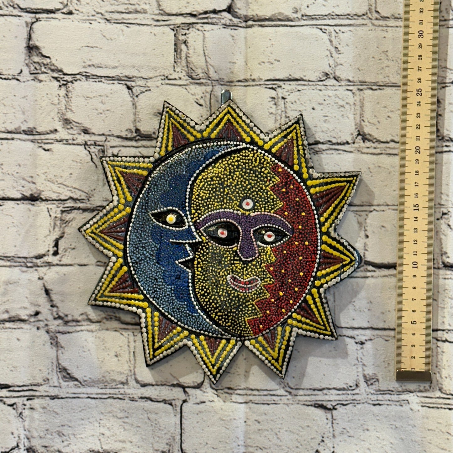 25cm Sun & Moon Carved Wooden Dot Painted Ethnic Tribal Tiki Wall Handmade No 3