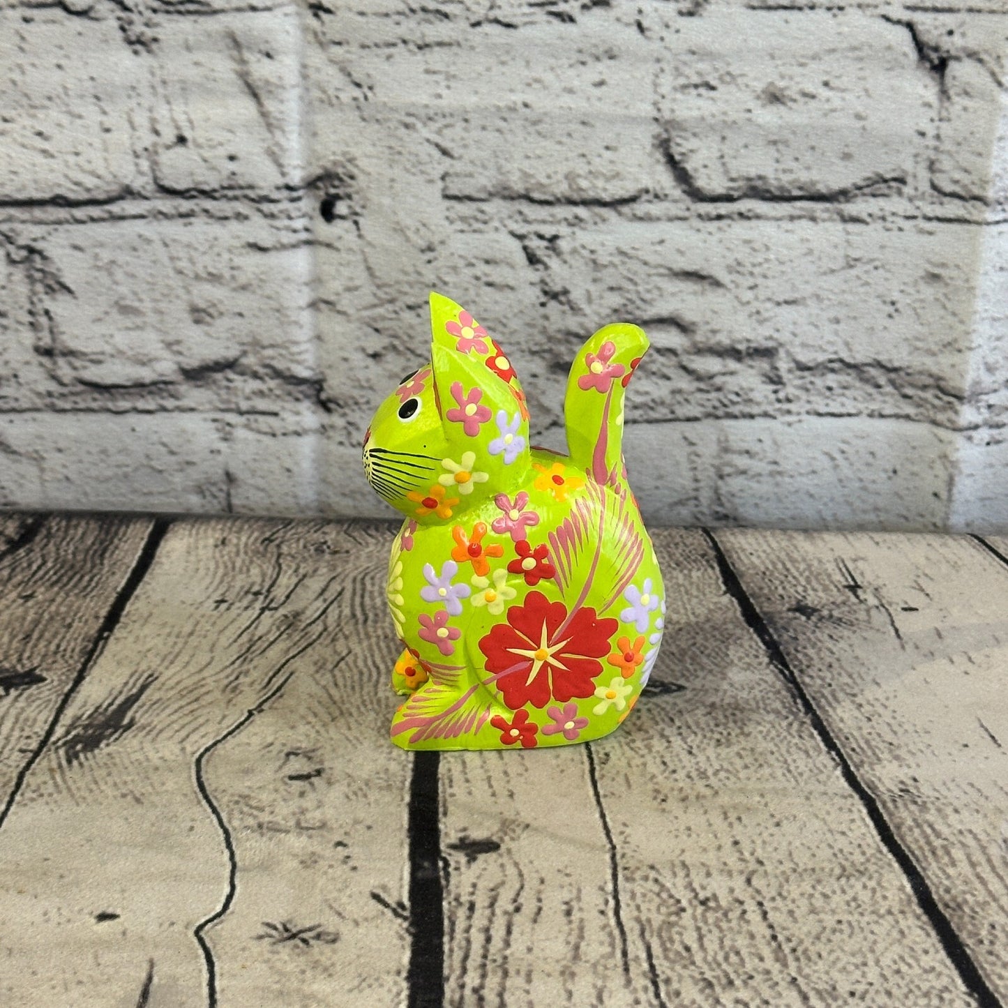 Green Small Wooden Cat With Flower Pattern 12cm x 6cm Handmade and Fairtrade