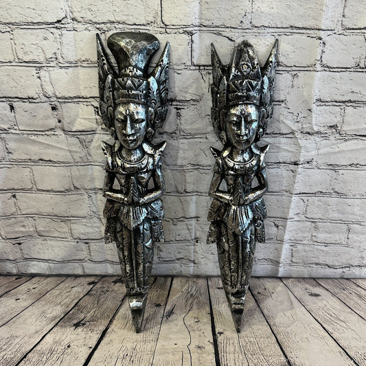 Silver Antique Colour Sita Dewi Bali Rice Goddess Wings Mermaid Wood 50cm Pair