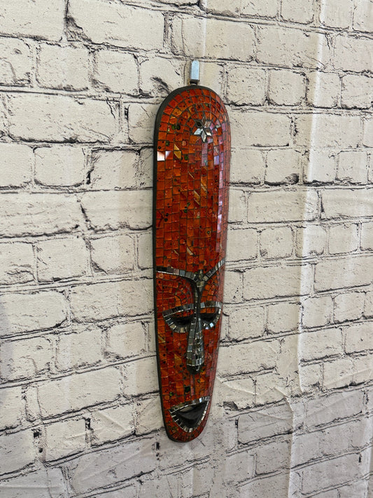 50cm Orange Mosaic Mirror Mask Carved Painted Ethnic Tribal Wall Art Handmade