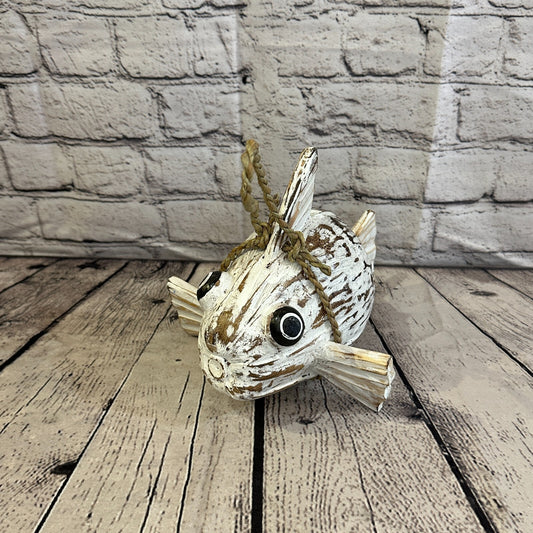 Plain White Folk Art Hand Painted Puffer Fish Coconut Shell Ornaments Hanging