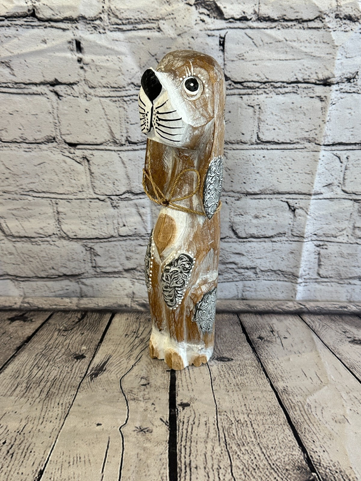 30cm Light Brown Flower Wooden Shabby Dog Statue Ornament Fair Trade Handcarved