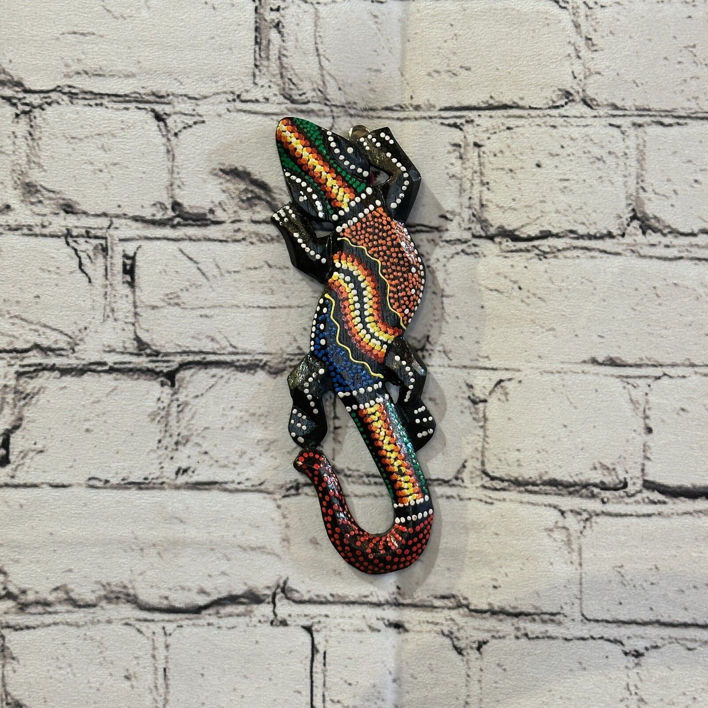 20cm Gecko Carved Wooden Dot Painted Ethnic Tribal Tiki Wall Handmade No 10