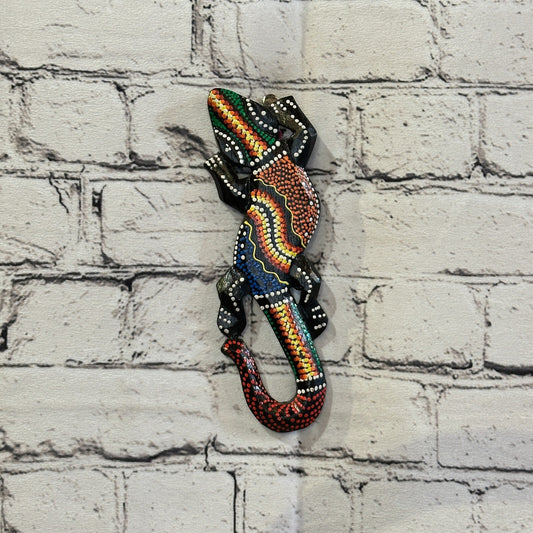 20cm Gecko Carved Wooden Dot Painted Ethnic Tribal Tiki Wall Handmade No 10