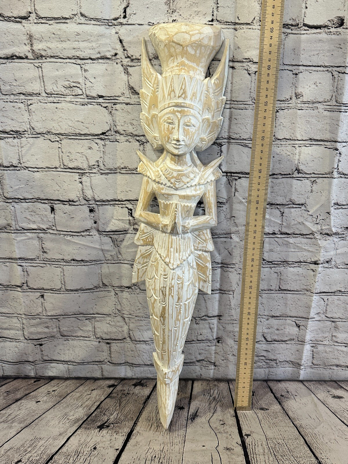 Shabby White Sita Dewi Bali Rice Goddess Wings Mermaid Wood Carving 65cm Pair