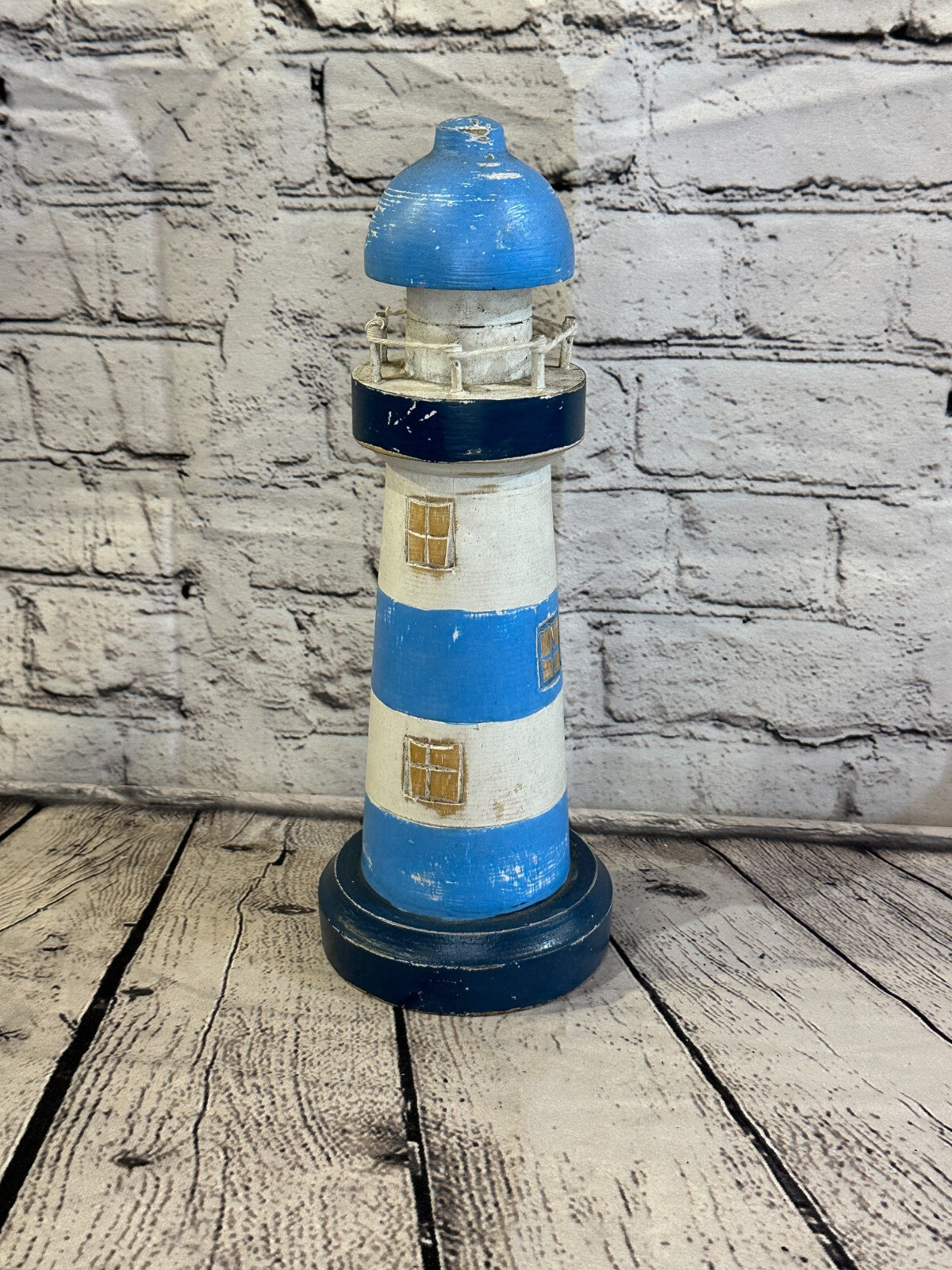 30cm Blue White Wooden Lighthouse Ornament Nautical Coastal Sculpture Statue