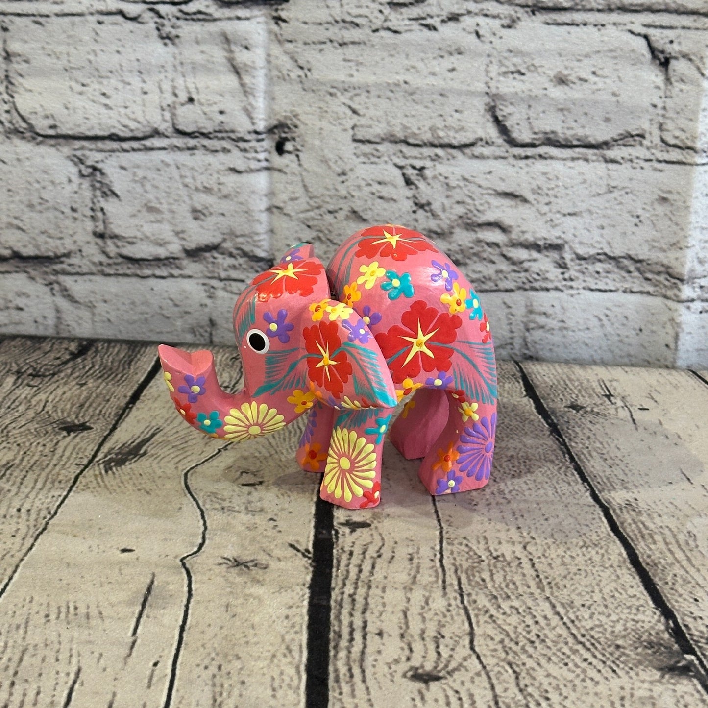 Pink Wooden Elephant With Flower Pattern 10cm x 12cm Handmade and Fairtrade