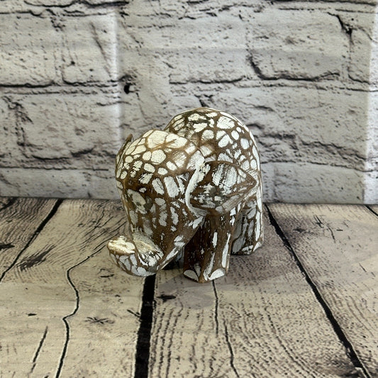 Brown Wooden Elephant With Shabby Pattern 10cm x 10cm Handmade and Fairtrade
