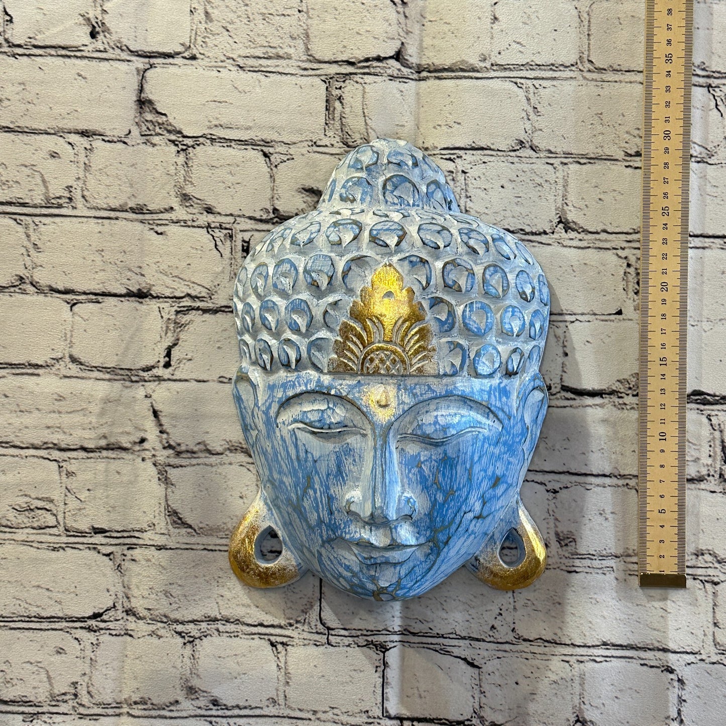 30cm x 20cm Blue Buddha Head Mask Wooden Hanging Statue Figurine Ornament