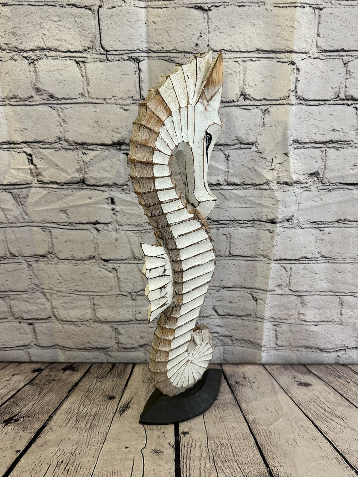 50cm White Brown Wooden Shabby Seahorse Statue Ornament Fair Trade Handcarved
