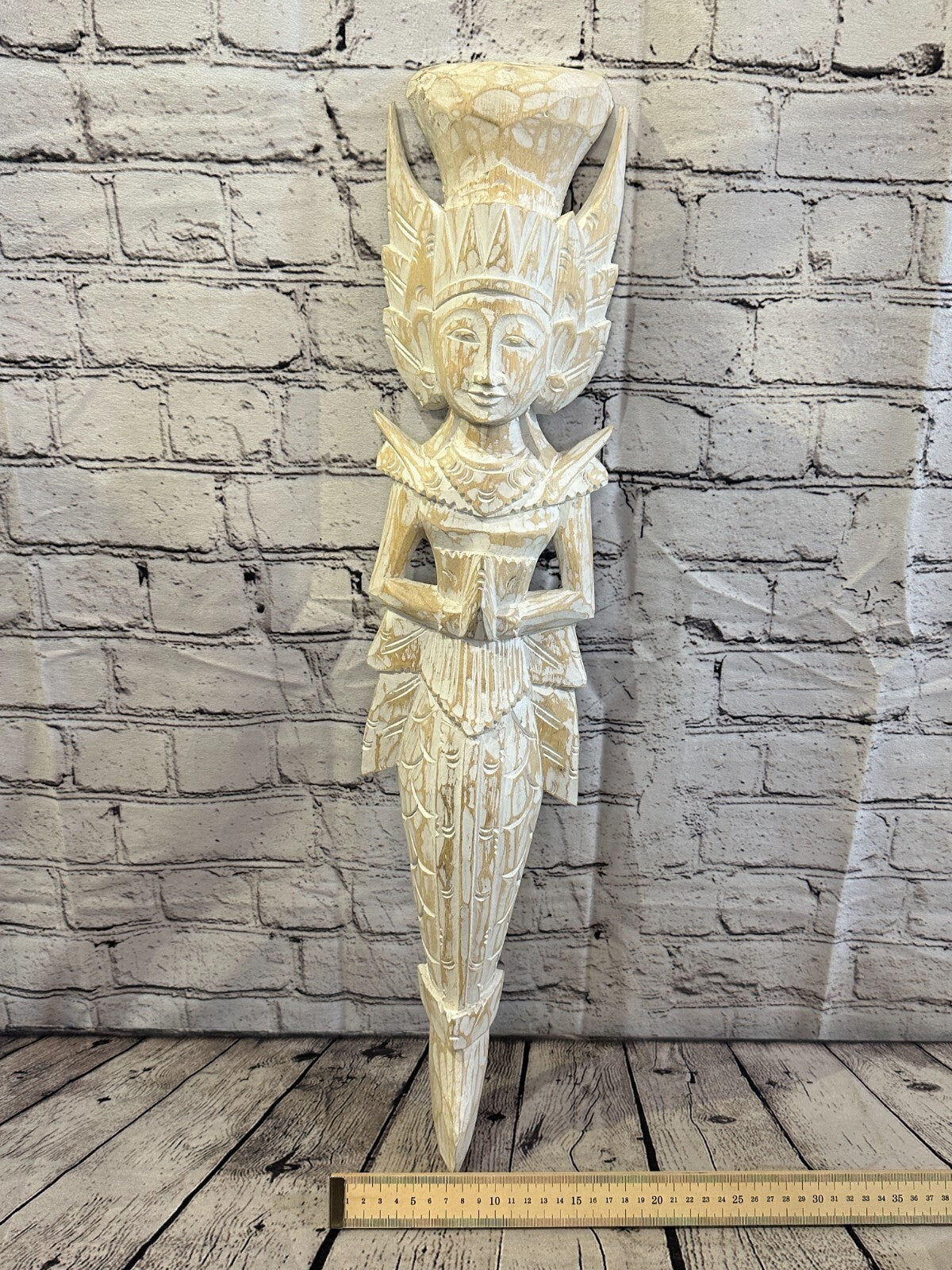 Shabby White Sita Dewi Bali Rice Goddess Wings Mermaid Wood Carving 65cm Pair