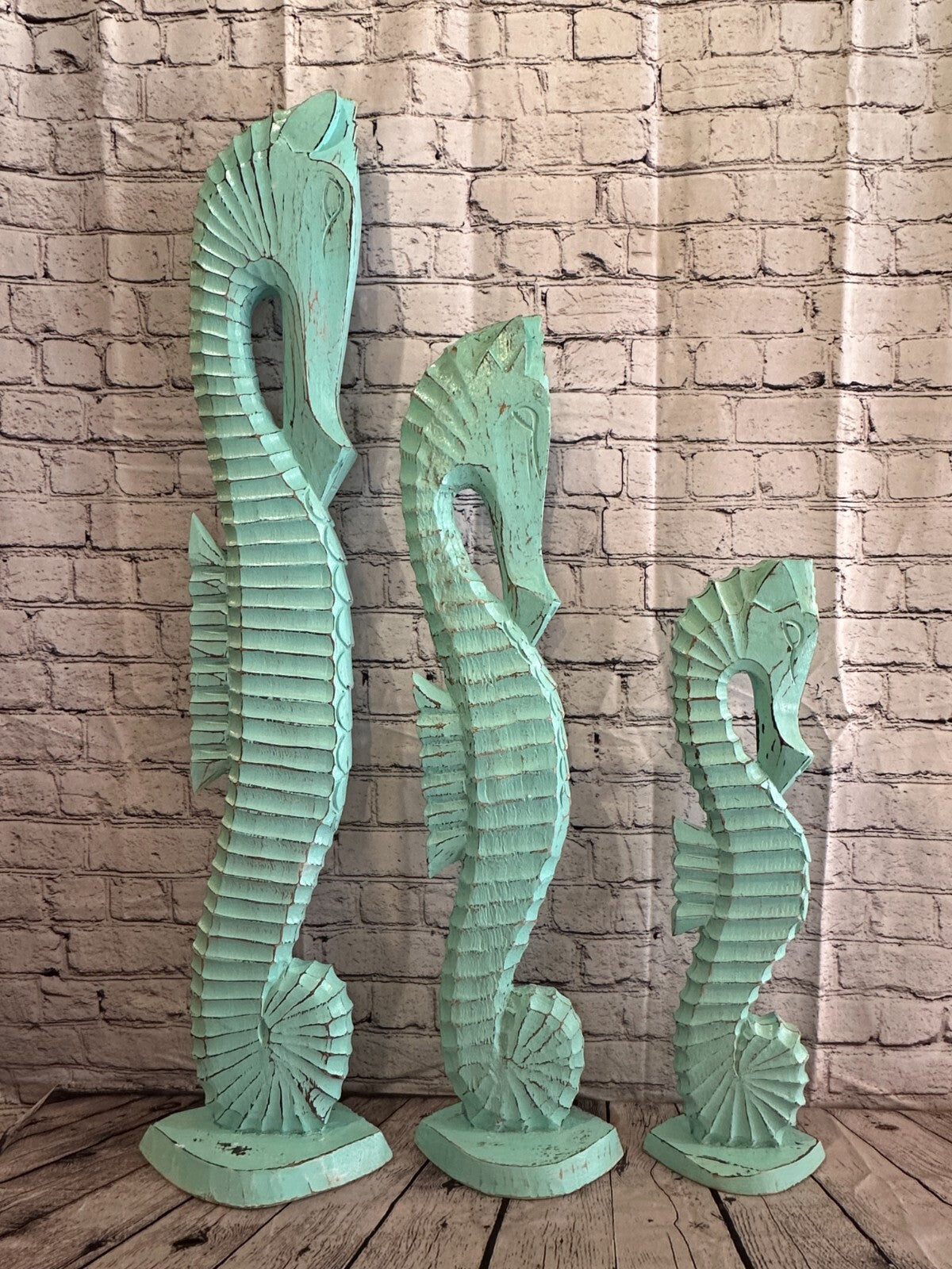 100cm Green Plain Wooden Shabby Seahorse Statue Ornament Fair Trade Handcarved