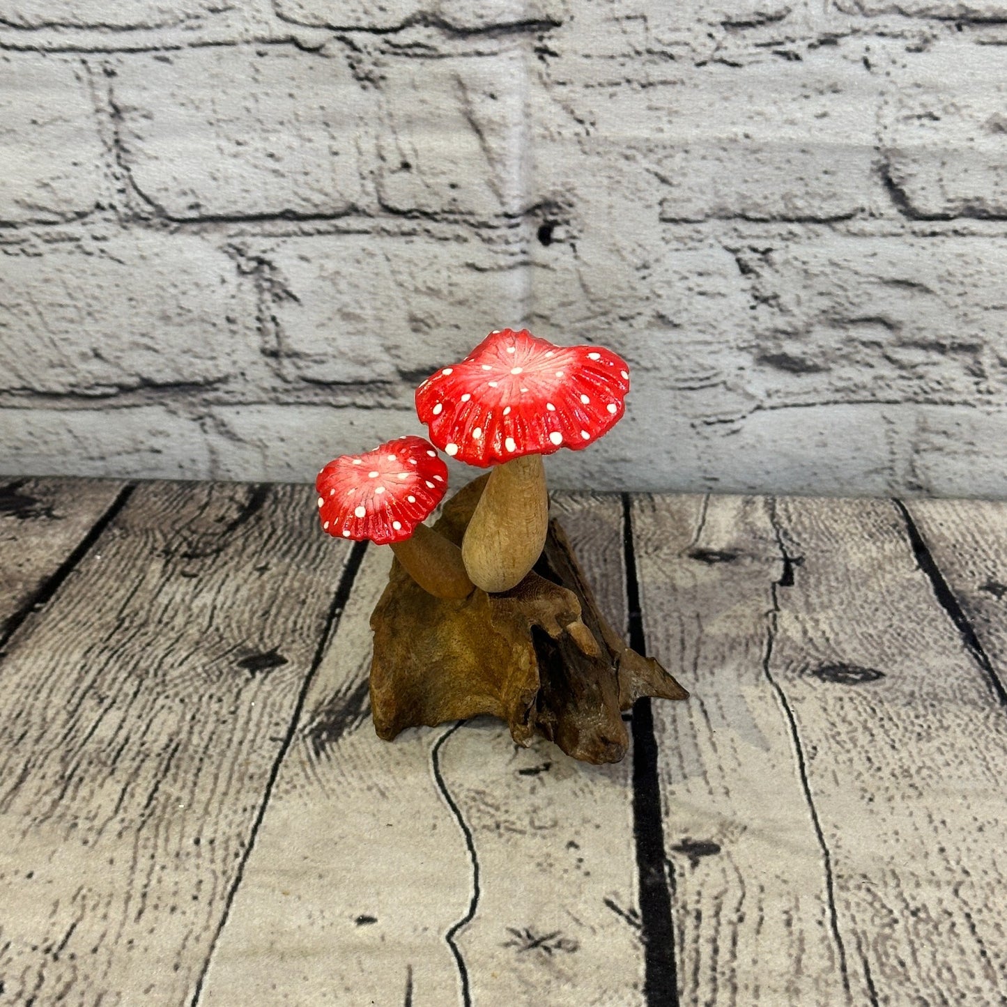 Red Painted Carved Mushrooms Parasite Ornament Natural Carving Fairtrade Wooden