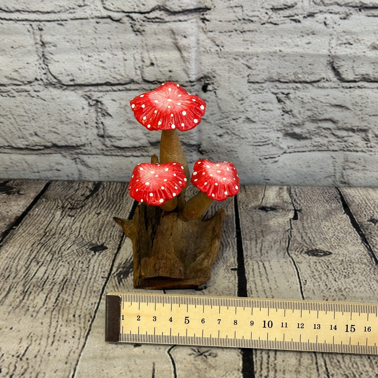 Red Painted Carved Mushrooms Parasite Ornament Natural Carving Fairtrade Wooden