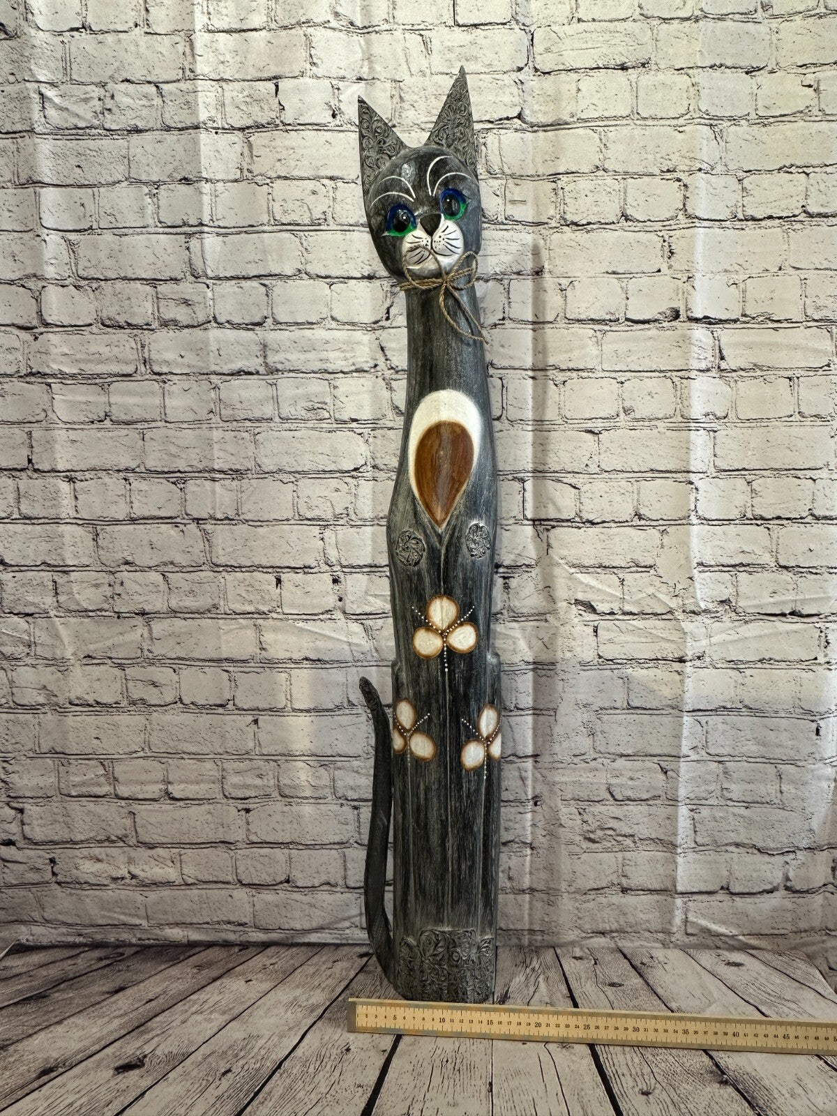 100cm Grey Swirl Flower Wooden Shabby Cat Statue Ornament Fair Trade Handcarved