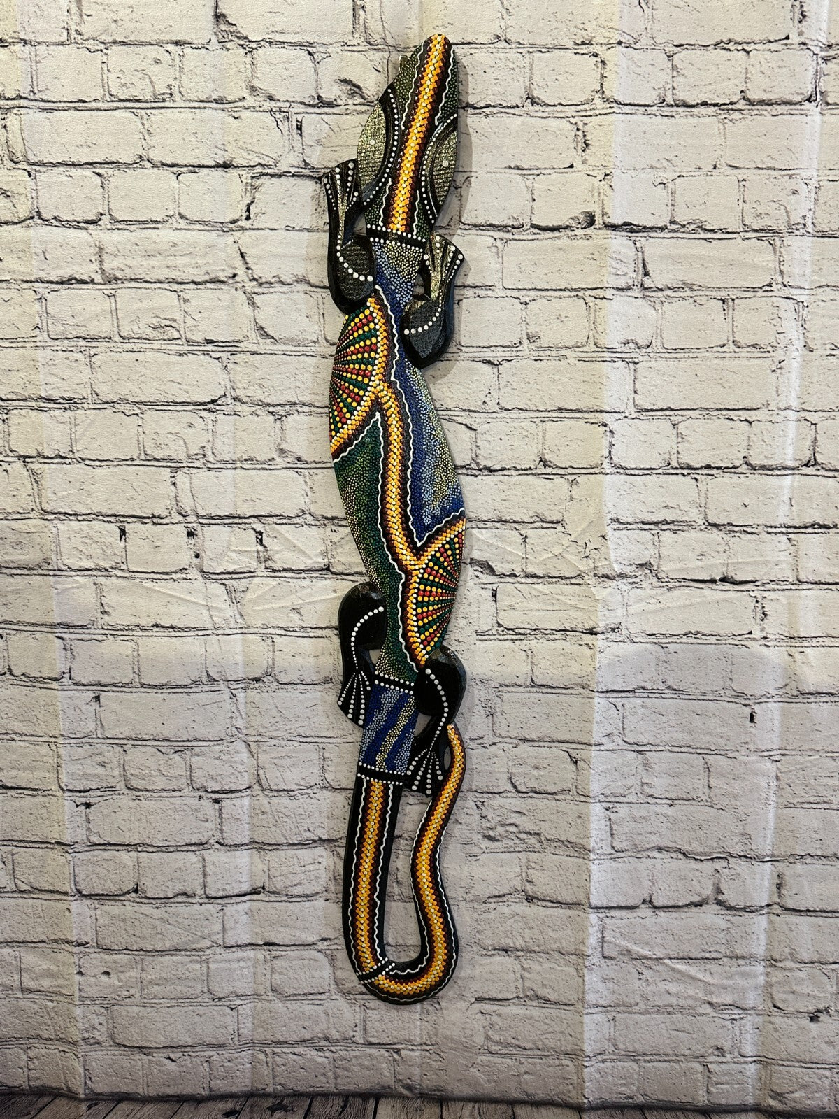 100cm Gecko Carved Wooden Dot Painted Ethnic Tribal Tiki Wall Handmade No 2