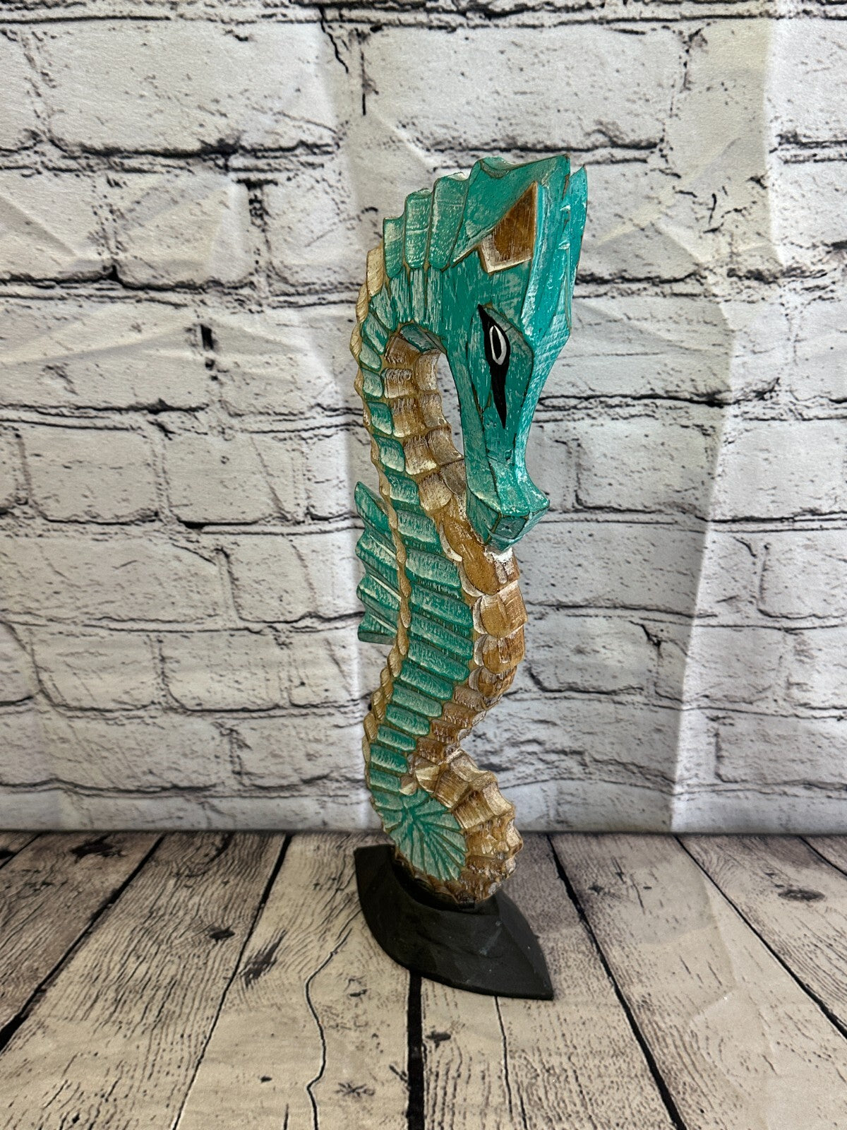40cm Green Brown Wooden Shabby Seahorse Statue Ornament Fair Trade Handcarved