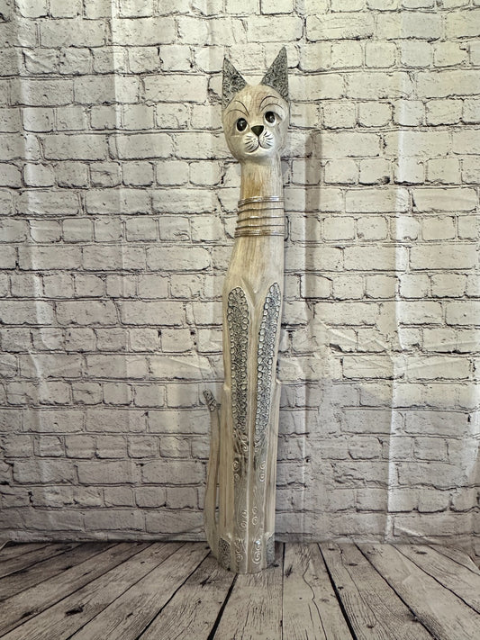 100cm White Swirl Flower Wooden Shabby Cat Statue Ornament Fair Trade Handcarved