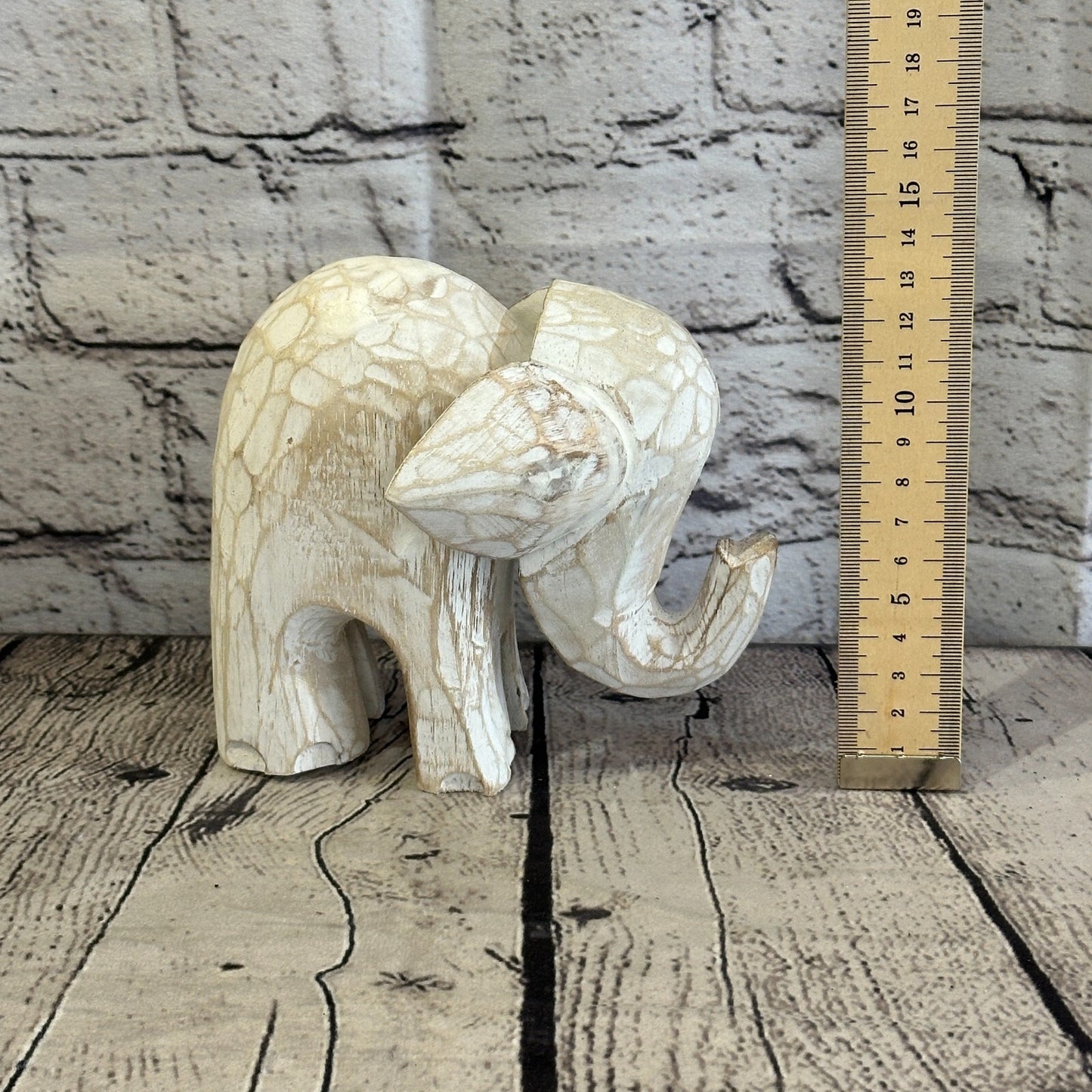 White Wooden Elephant With Shabby Pattern 12cm x 12cm Handmade and Fairtrade