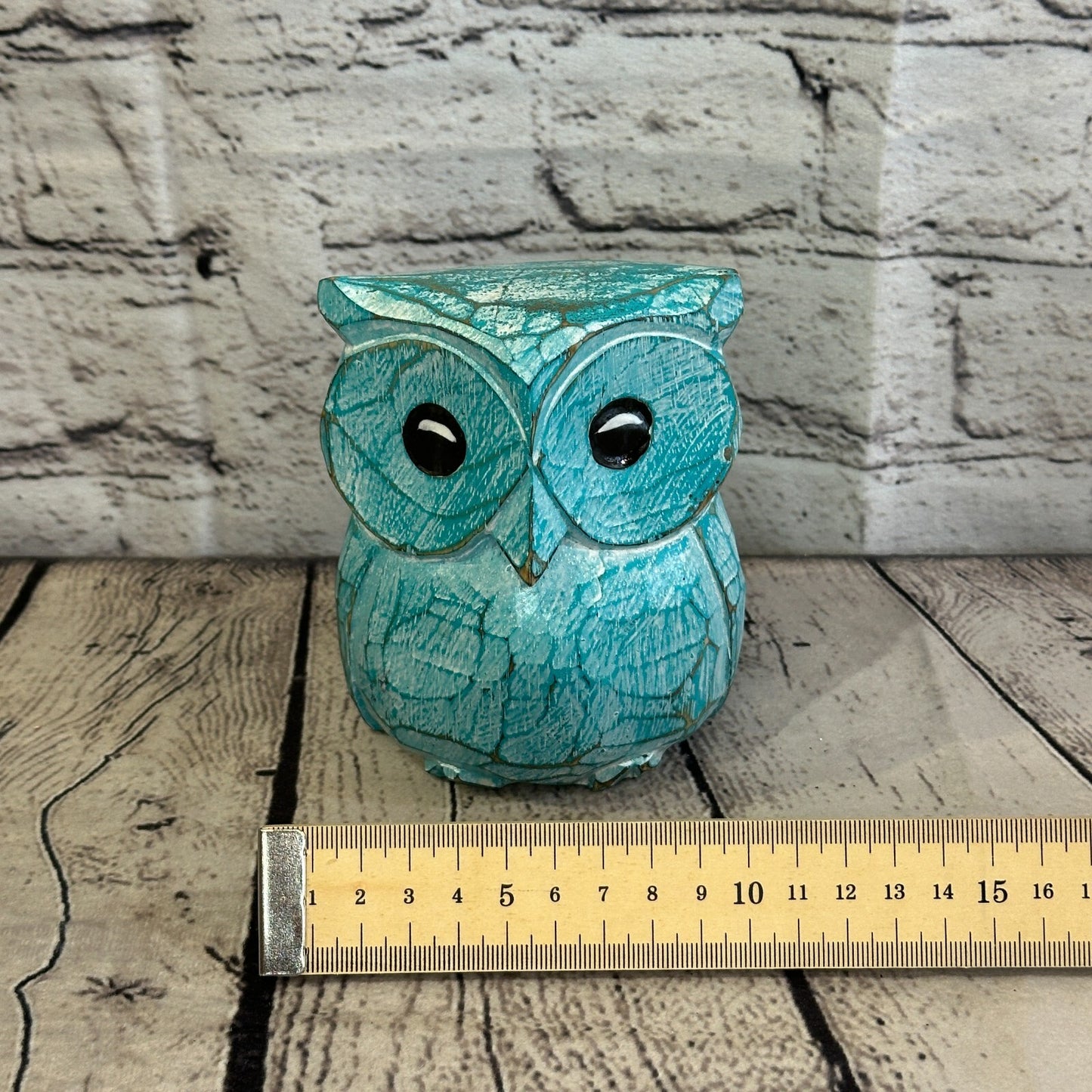 12cm x 10cm Green Flower Wooden Shabby Owl Statue Ornament Fair Trade Handcarved