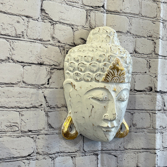 30cm x 20cm White Buddha Head Mask Wooden Hanging Statue Figurine Ornament