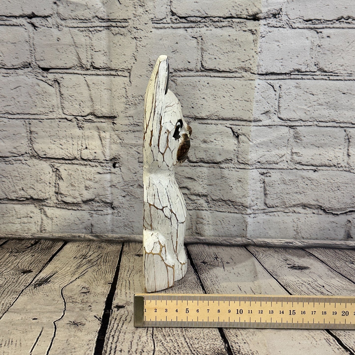 25cm x 10cm White Flower Wooden Shabby Cat Statue Ornament Fair Trade Handcarved
