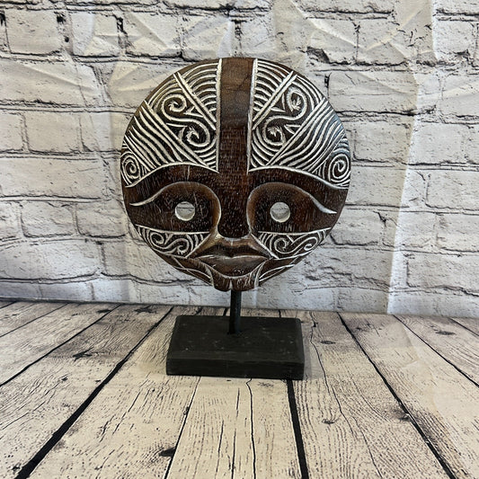 35cm x 25cm  Wooden Tribal Primitive Black Mask Stand Sculpture Statue Art