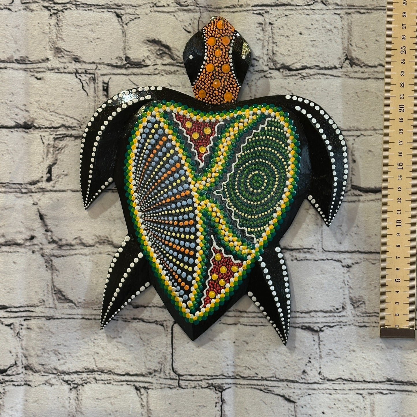 30cm Turtle Carved Wooden Dot Painted Ethnic Tribal Tiki Wall Art Handmade No 4