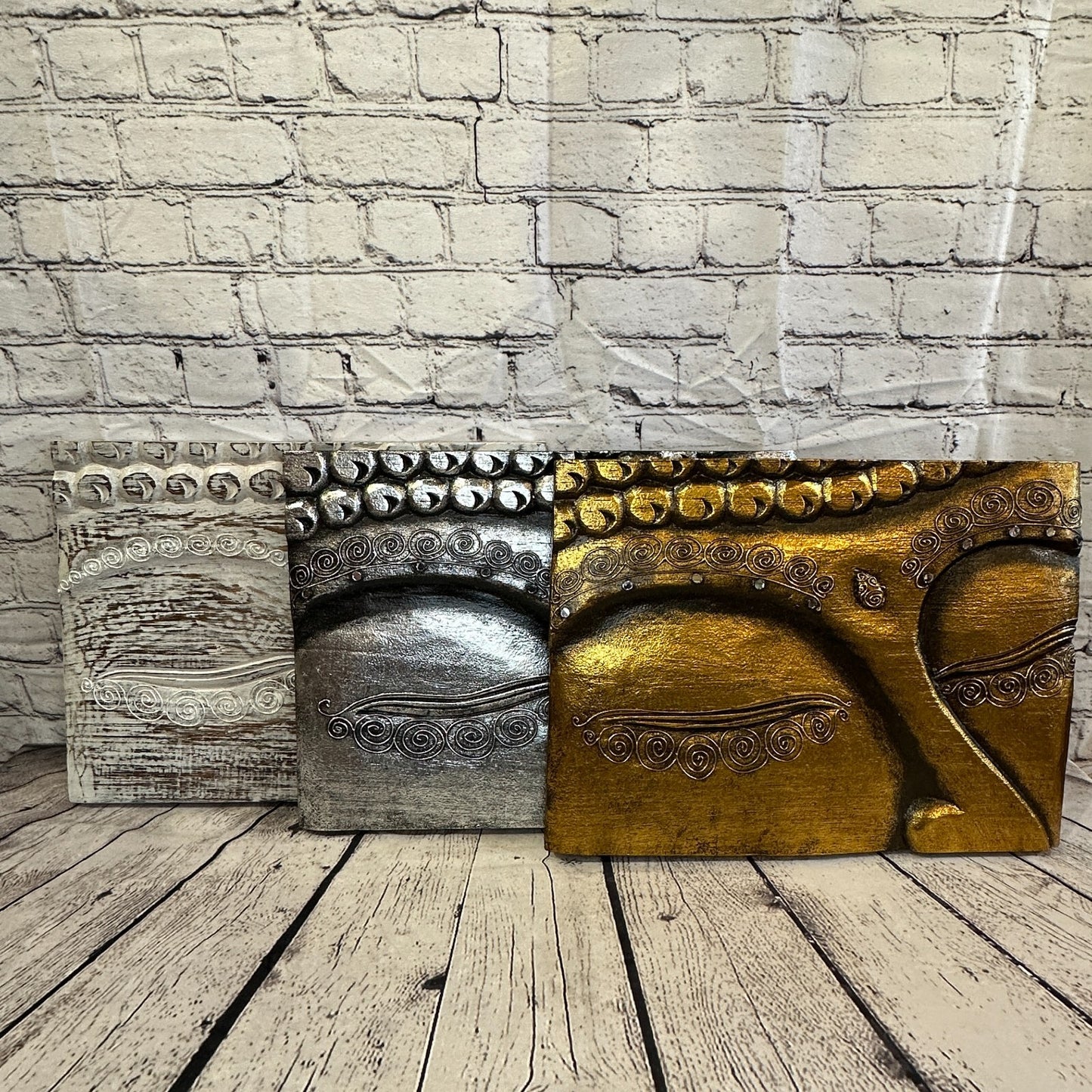 Wooden Wood Panel 40cm Brown Silver Buddha Eyes Lotus Wall Art Plaque Handcarved