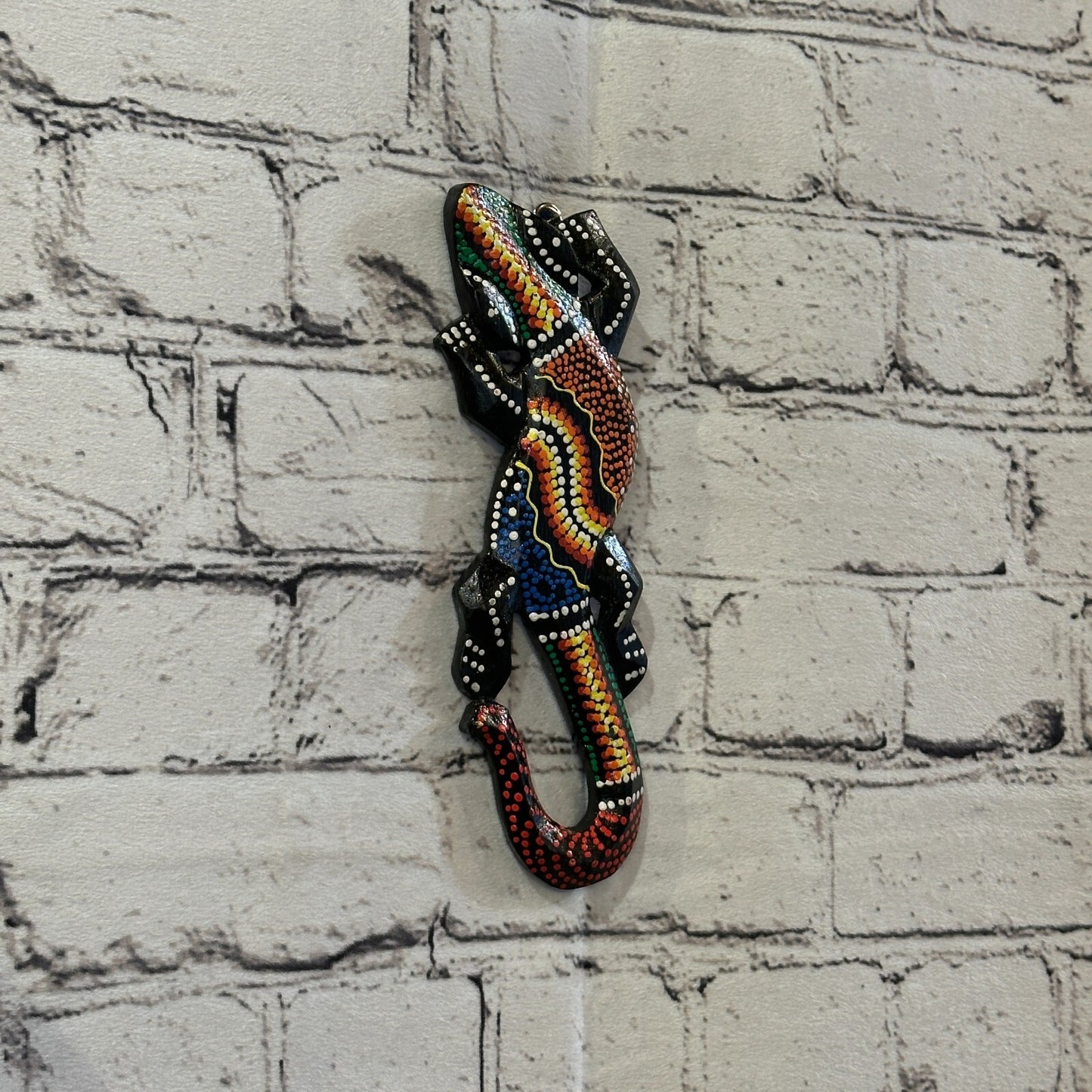 20cm Gecko Carved Wooden Dot Painted Ethnic Tribal Tiki Wall Handmade No 10