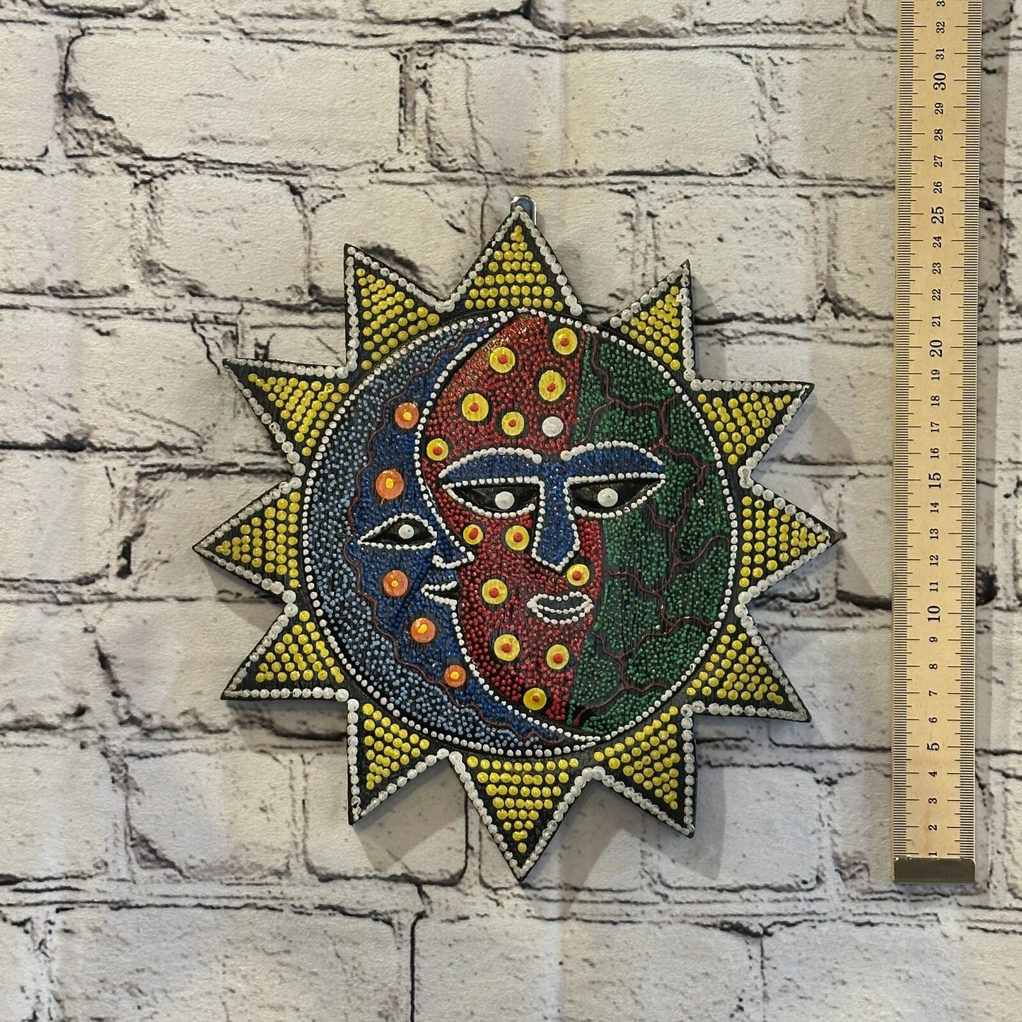 25cm Sun & Moon Carved Wooden Dot Painted Ethnic Tribal Tiki Wall Handmade No 1