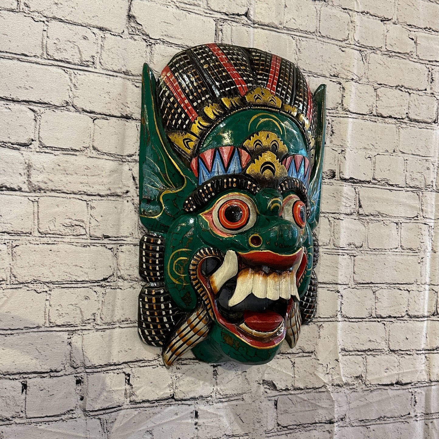 Large Wooden Green Barong Wall Mask 50cm x 30cm Handmade And Fairtrade