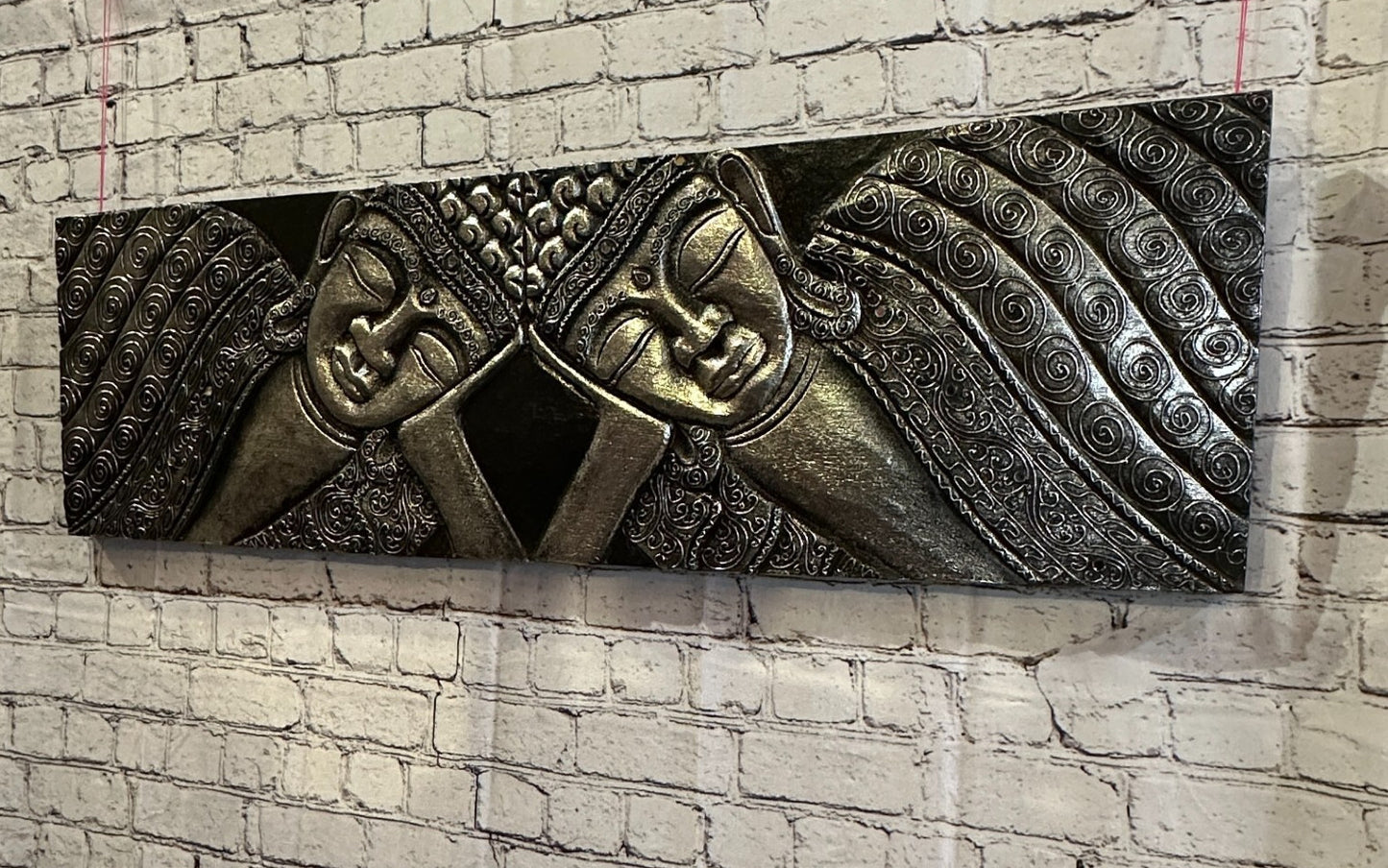 100cm x 30cm Buddha 2 Faces Silver Wooden Wood Panel Wall Art Plaque Handcarved
