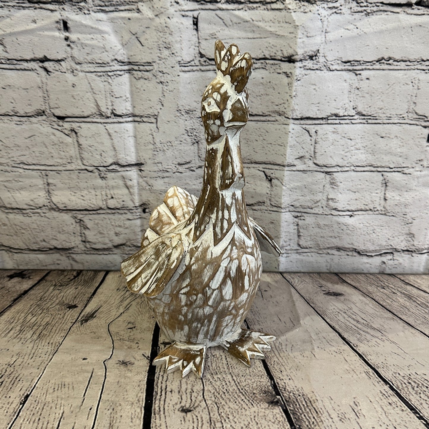 30cm x 15cm Brown Shabby Wooden Rooster Cockerel Retro Collectable Hand Carved