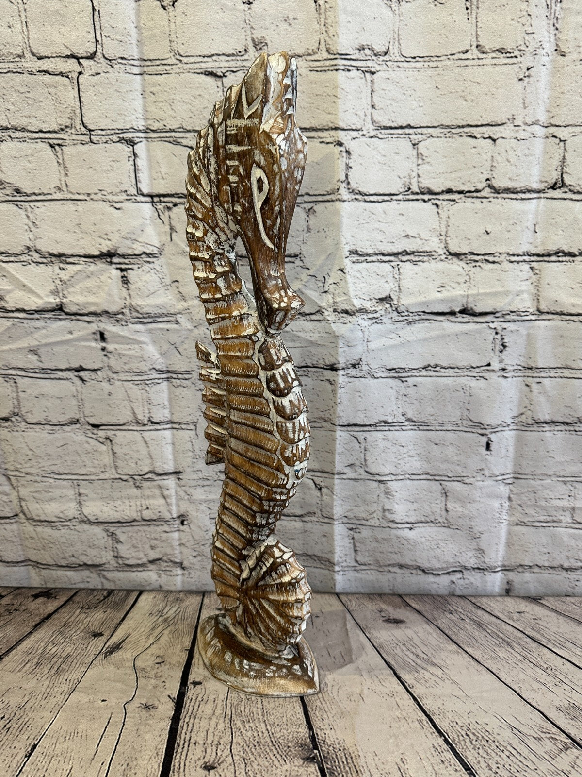 50cm Brown Plain Wooden Shabby Seahorse Statue Ornament Fair Trade Handcarved