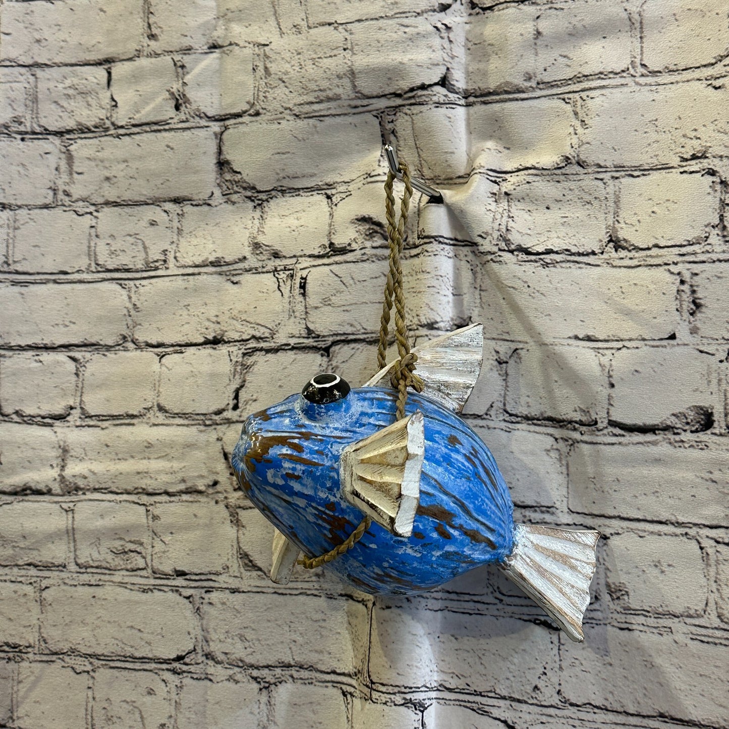 White Blue Folk Art Hand Painted Puffer Fish Coconut Shell Ornaments Hanging