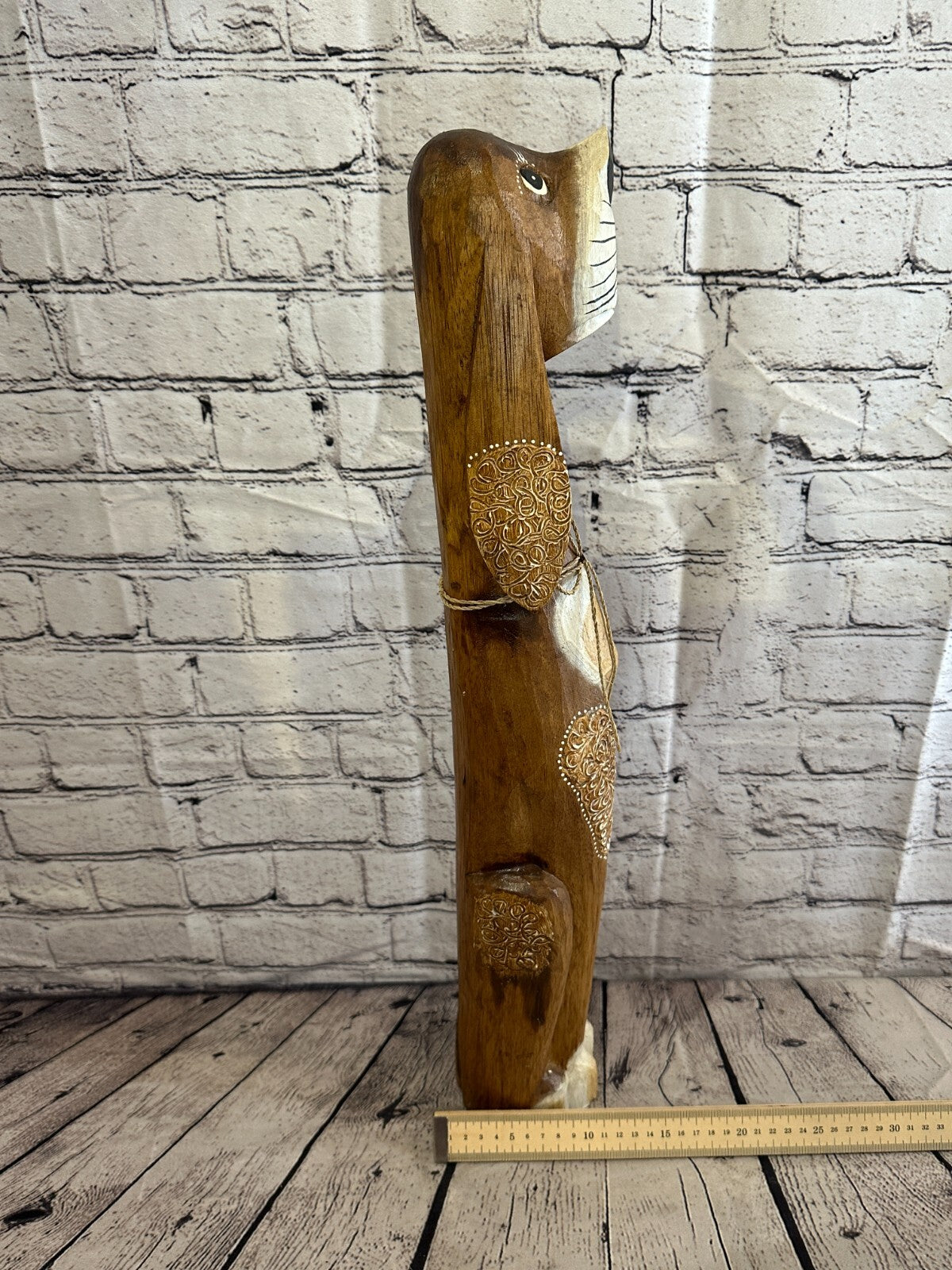60cm Dark Brown Flower Wooden Shabby Dog Statue Ornament Fair Trade Handcarved